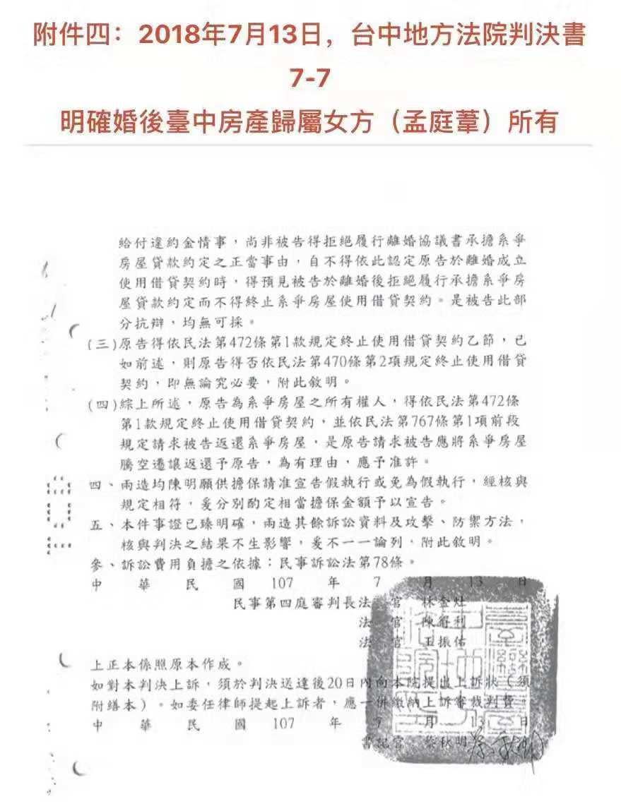 孟庭葦提出的法院判決書中，顯示台中地方法院將房產判決歸孟庭葦所有。（豐華提供）