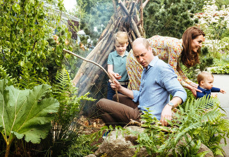 Britain's Prince William and Catherine, Duchess of Cambridge with Prince George and Prince Louis explore the Adam White and Andree Davies co-designed garden ahead of the RHS Chelsea Flower Show in London, Britain. May 19, 2019. Picture taken May 19, 2019. Matt Porteous/PA Wire/Handout via REUTERS