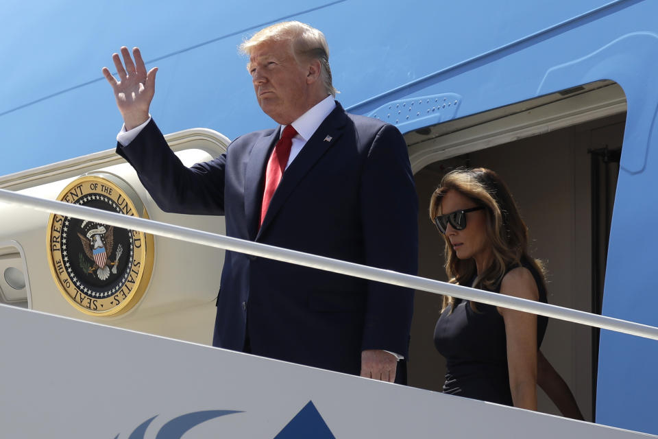 President Donald Trump and first lady Melania Trump arrive at El Paso International Airport to meet with people affected by the El Paso mass shooting, Wednesday, Aug. 7, 2019, in El Paso, Texas. (AP Photo/Evan Vucci)