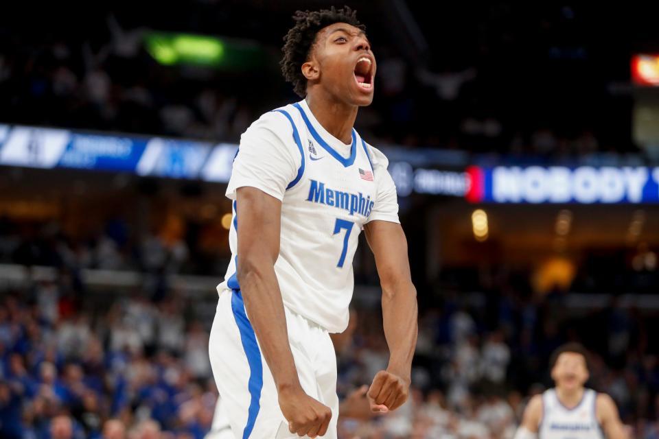 Memphis' Nae'Qwan Tomlin (7) celebrates after scoring during the game between Florida Atlantic University and University of Memphis at FedExForum in Memphis, Tenn., on Sunday, February 25, 2024.