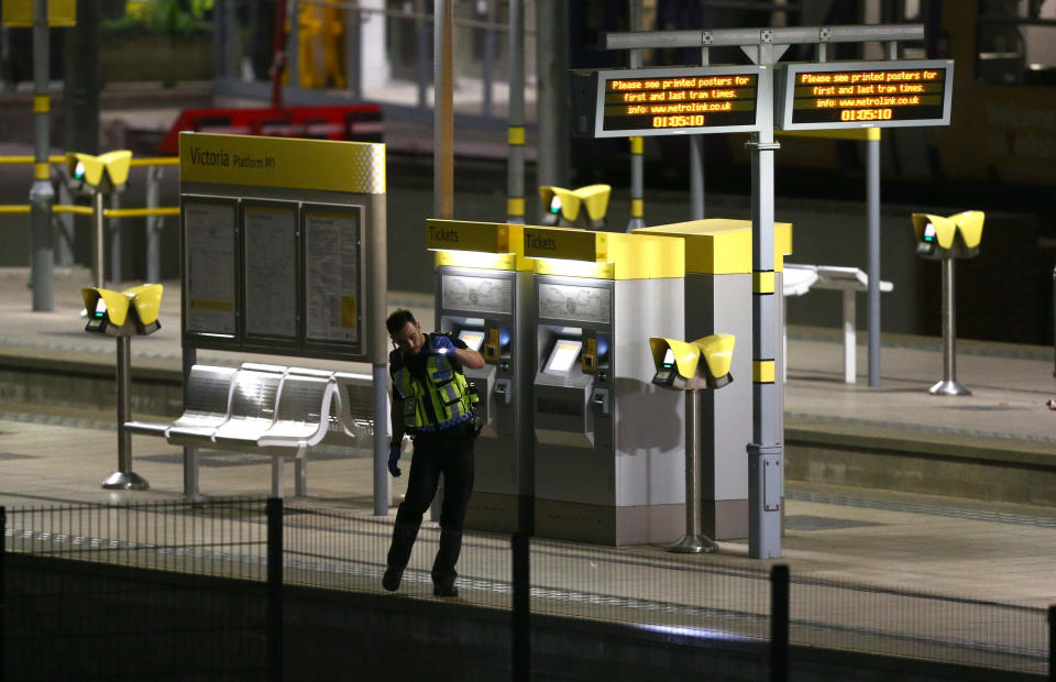 A policeman patrols Victoria Railway Station close to the Manchester Arena on May 23, 2017 in Manchester, England.&nbsp;