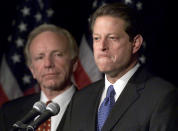 Vice President Al Gore with Sen. Joseph Lieberman by his side makes a statement to reporters, November 8, 2000 in Nashville TN. A sharply and bitterly divided U.S. Supreme Court ruled December 13, 2000 for Republican George W. Bush, halting any more recounts of ballots in Florida and dealing a crushing setback to Democrat Al Gore's hopes of winning the presidency. (Photo by Mark Wilson/Newsmakers)