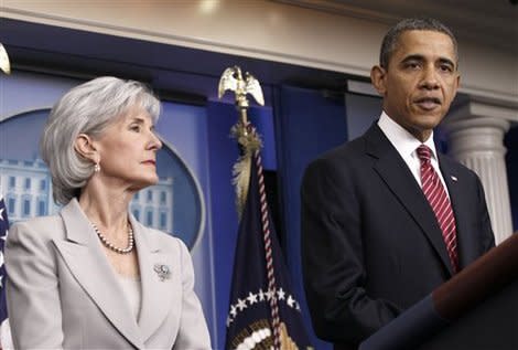 President Barack Obama and Health and Human Services Secretary Kathleen Sebelius announce the revamp of policy requiring religious institutions to pay for birth control. (AP Photo/Pablo Martinez Monsivais)