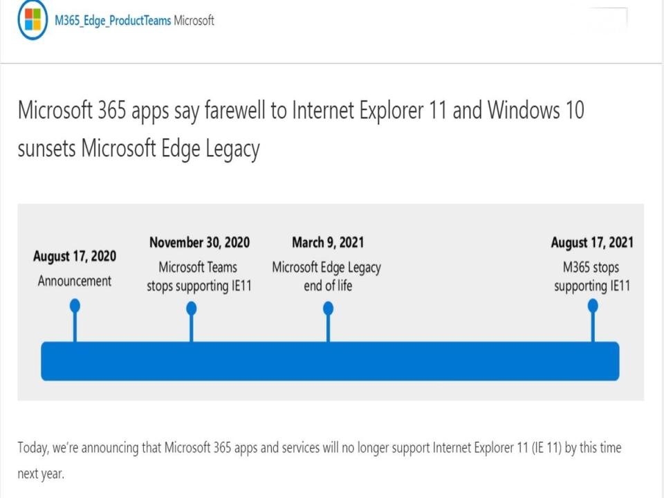 微軟將在2021年8月後完全終止支援「IE」瀏覽器，改發展Edge瀏覽器為主。