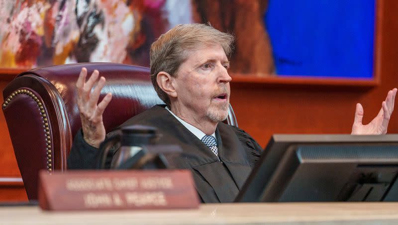 Utah Supreme Court Chief Justice Matthew B. Durrant questions Taylor Meehan, an attorney for the state, during oral arguments for a case challenging Utah’s congressional districts before the Utah Supreme Court in Salt Lake City on Tuesday, July 11, 2023.