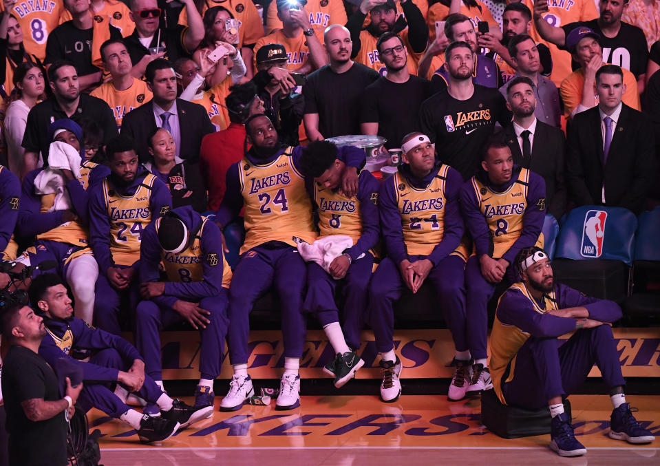 LOS ANGELES, CALIFORNIA - JANUARY 31:  LeBron James #23 of the Los Angeles Lakers and teammates look on during the pregame ceremony to honor Kobe Bryant before the game against the Portland Trail Blazers at Staples Center on January 31, 2020 in Los Angeles, California. (Photo by Kevork Djansezian/Getty Images)