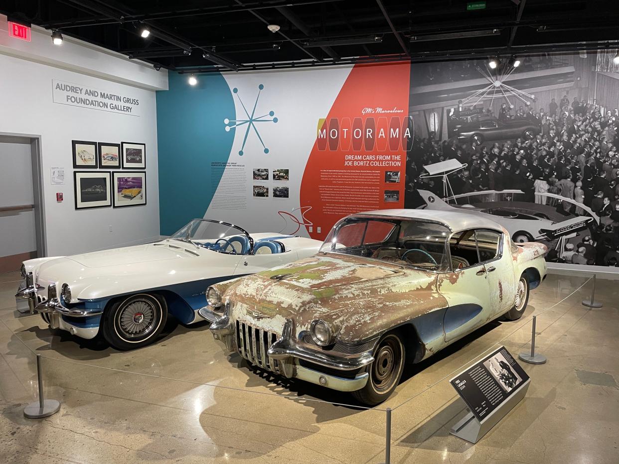 The restored 1955 La Salle II roadster and 1955 La Salle II sedan - still in its original junkyard-find condition, at the Petersen Automotive Museum