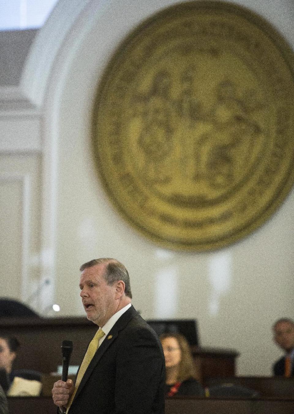 State Sen. Phil Berger speaks on the senate floor during a special session of the North Carolina General Assembly called to consider repeal of NC HB2 in Raleigh, N.C., Wednesday, Dec. 21, 2016. North Carolina's legislature reconvened to see if enough lawmakers are willing to repeal a 9-month-old law that limited LGBT rights, including which bathrooms transgender people can use in public schools and government buildings. (AP Photo/Ben McKeown)