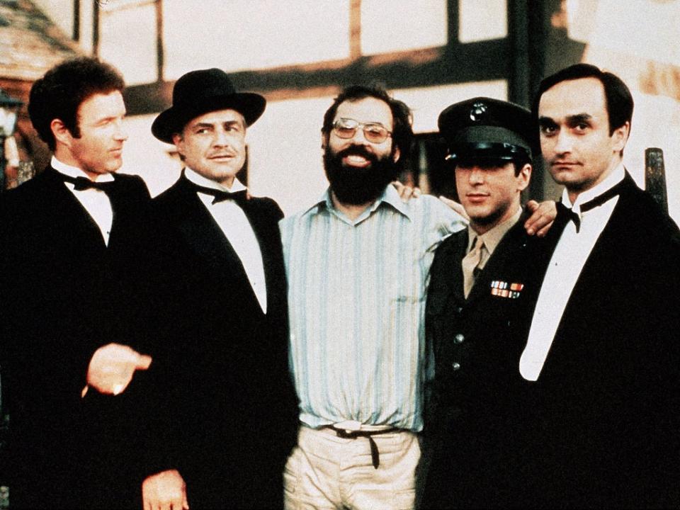 James Caan, Marlon Brando, Francis Ford Coppola, Al Pacino and John Cazale on the set of ‘The Godfather’ (Paramount/Kobal/Shutterstock)