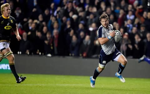 Peter Horne of Scotland runs through to score a try during the Autumn International match at BT Murrayfield - Credit:  Ian Rutherford/PA Wire