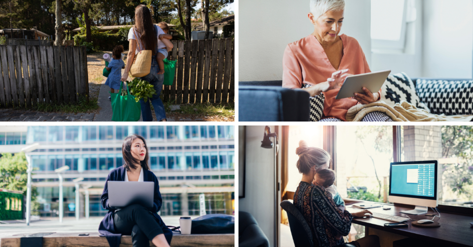 Top left - woman carrying child and groceries, Top right - woman using iPad, Bottom Left - woman seated outside on laptop, Bottom right - woman sitting at desktop with baby