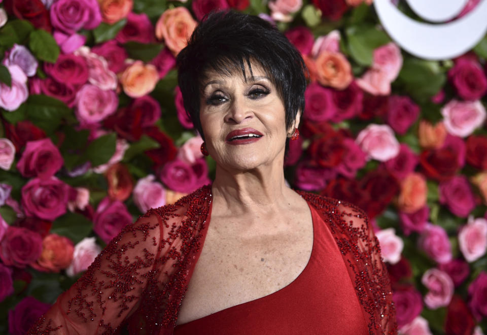 FILE – Chita Rivera arrives at the 72nd annual Tony Awards at Radio City Music Hall on Sunday, June 10, 2018, in New York. Rivera, the Tony Award-winning dancer, singer and actress who forged a path for Latina artists, has died at 91. Rivera’s death was announced by her daughter, Lisa Mordente, who said she died in New York after a brief illness. (Photo by Evan Agostini/Invision/AP, File)