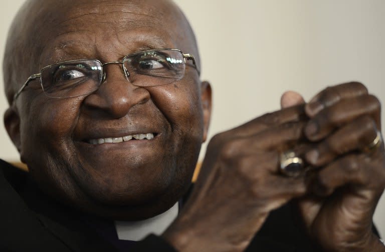 South Africa's Nobel Peace Laureate Archbishop Desmond Tutu takes part in a meeting seeking to end child marriages in sub-Saharan Africa on November 6, 2012 in Johannesburg. Tutu said Tuesday he hoped to see a "truly free" Myanmar as he met fellow Nobel Peace Prize winner Aung San Suu Kyi during a visit to the former junta-ruled nation