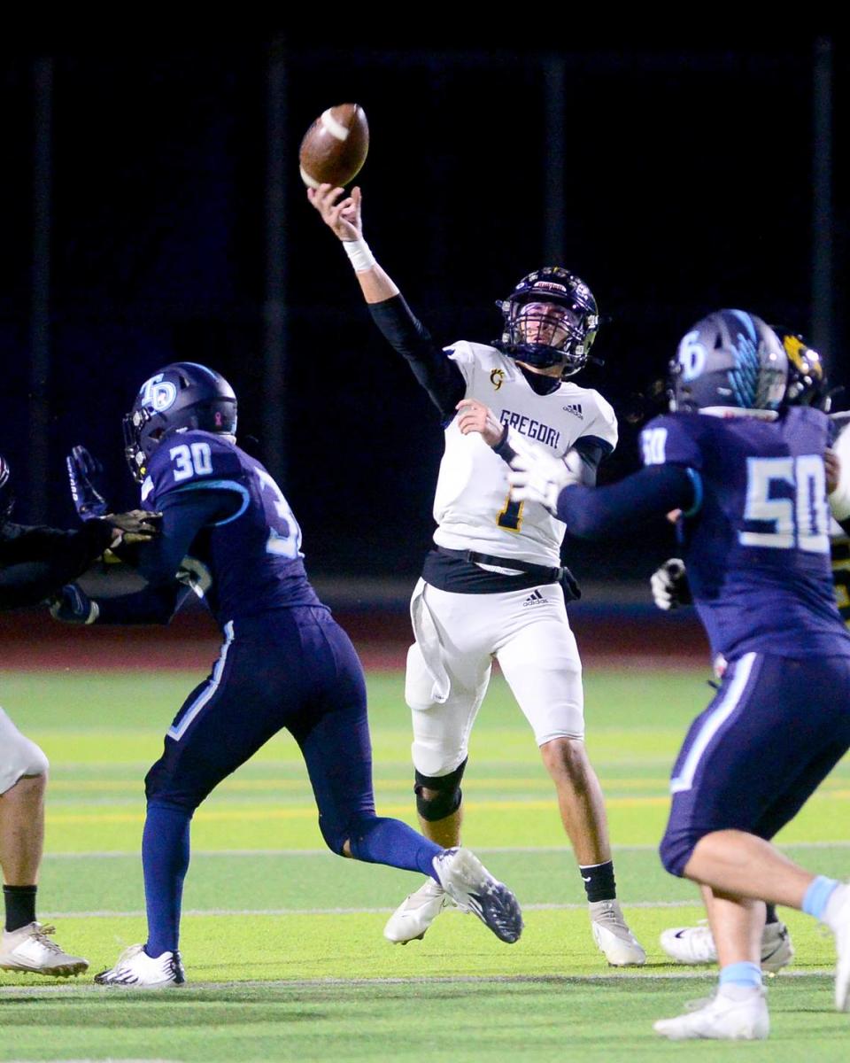 Gregori quarterback Conner Bailey (1) throws a deep pass during a game between Downey and Gregori at Downey High School in Modesto, California on October 27, 2023.