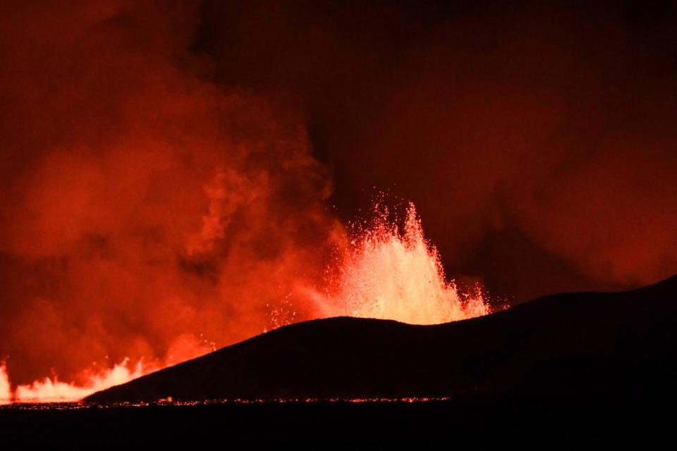 PHOTO: Flowing lava is seen during at a fissure on the Reykjanes peninsula 3km north of Grindavik, western Iceland on Dec. 18, 2023.  (Kristinn Magnusson/AFP via Getty Images)