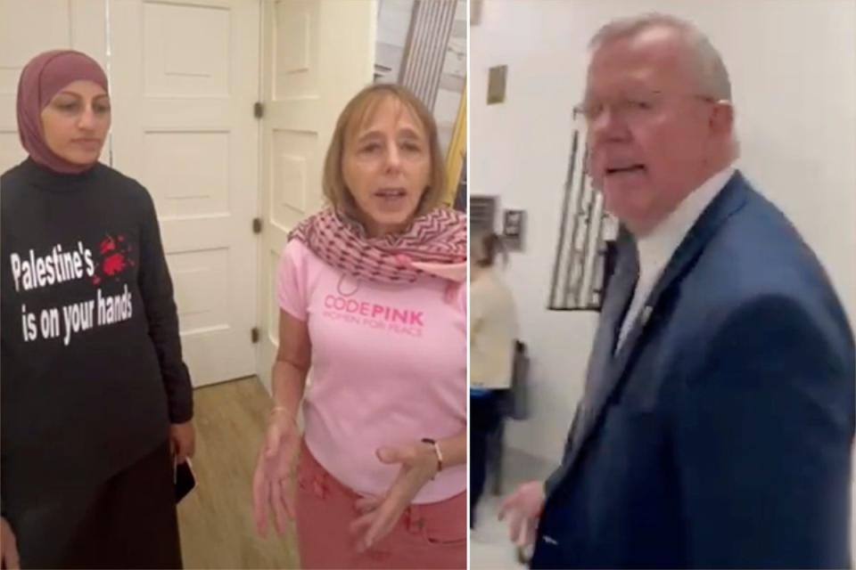 Sumer Mobarak (left) and Medea Benjamin (centre), antiwar protesters with Code Pink, spoke to Congressman Mike Ezell (right) on Tuesday about the Israel-Hamas war. Video footage of the conversation indicates that Mr Ezell knocked the phone out of Ms Mobarak’s hand (Code Pink)