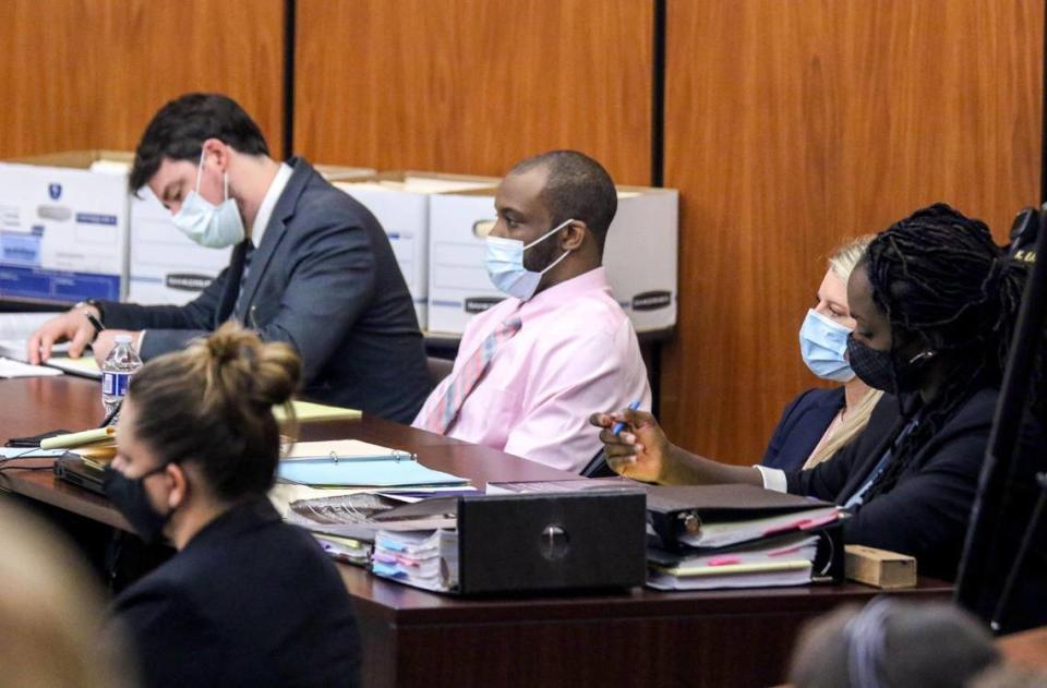 Nathaniel Rowland sits between his attorneys, Robert Pillinger, left, Alicia Goode and Tracy Pinnock during his trial on Friday, July 23, 2021 in Richland County Circuit Court. Rowland is accused of killing Samantha Josephson after luring her into his car.