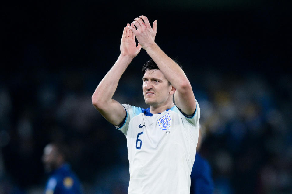 Harry Maguire of England greets the fans at the end of UEFA Euro 2024 Qualifiers match between Italy and England at Stadio Diego Armando Maradona on 23 March, 2023 in Naples, Italy. (Photo by Giuseppe Maffia/NurPhoto via Getty Images)