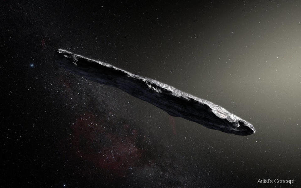 <p>Artist’s concept of interstellar asteroid 1I/2017 U1 (‘Oumuamua) as it passed through the solar system after its discovery, Oct. 19, 2017. The aspect ratio of up to 10:1 is unlike that of any object seen in our own solar system. (Image: European Southern Observatory/M. Kornmesser) </p>