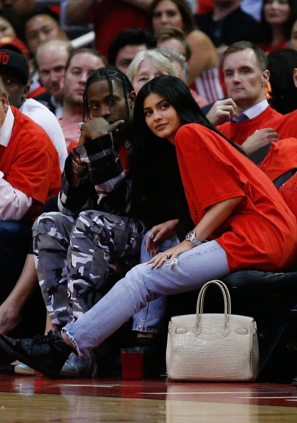 Kylie is yet to confirm she is expecting her first child with boyfriend Travis Scott. The pair are pictured here together in April. Source: Getty