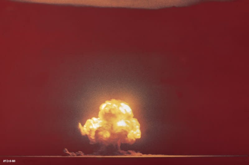 The only color image of the Trinity explosion was taken by Jack Aeby
from base camp about 10 miles to the southwest of ground zero. Photo courtesy Los Alamos National Laboratory