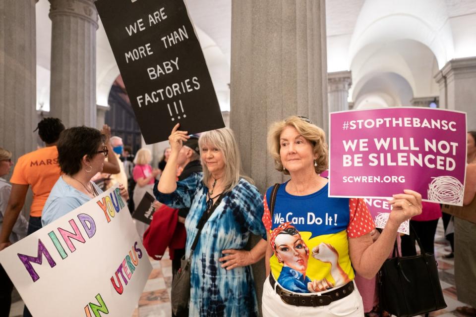 In May, abortion rights demonstrators protested inside South Carolina’s capitol as lawmakers passed a six-week abortion ban later struck down in court. (Getty Images)