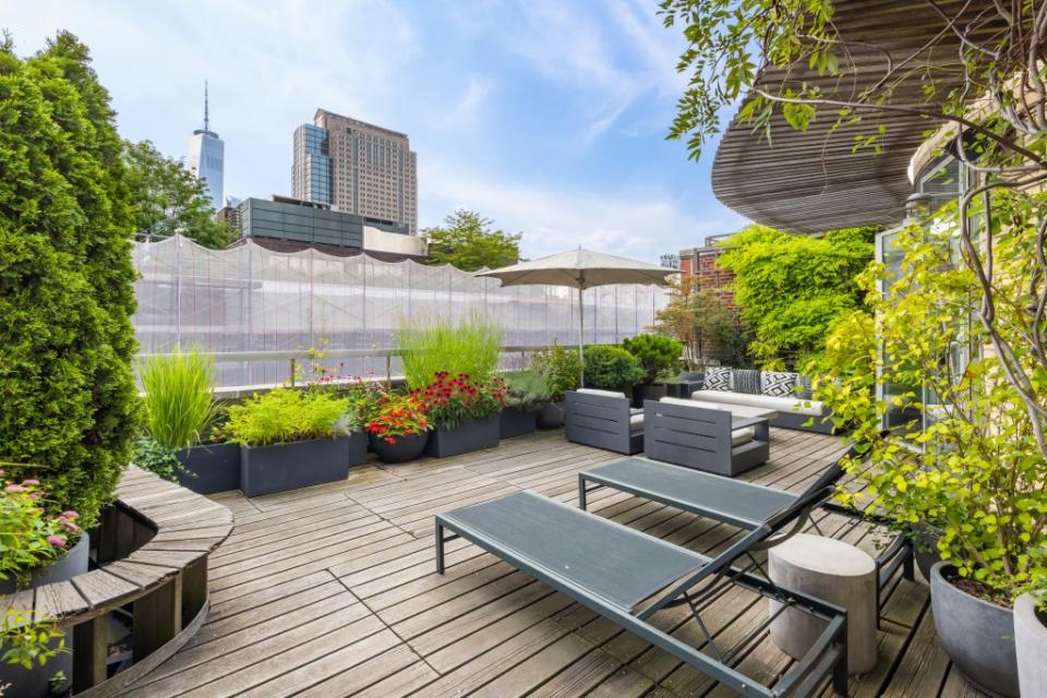 Outdoor green space on the terrace. Courtesy of Evan Joseph/Douglas Elliman