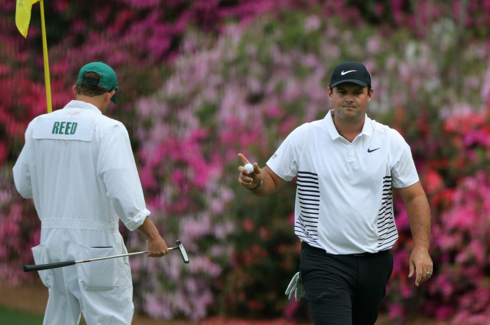 Patrick Reed of the U.S. celebrates his birdie on the 13th hole during second round play of the 2018 Masters golf tournament at the Augusta National Golf Club. (REUTERS)