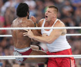 Former New England Patriots TE Rob Gronkowski was shown in the audience at Wrestlemania 33 and <a href="https://www.youtube.com/watch?v=txV3JKDkAUc" rel="nofollow noopener" target="_blank" data-ylk="slk:jumped into the ring;elm:context_link;itc:0;sec:content-canvas" class="link ">jumped into the ring</a> to defend Mojo Rawley against Jinder Mahal.