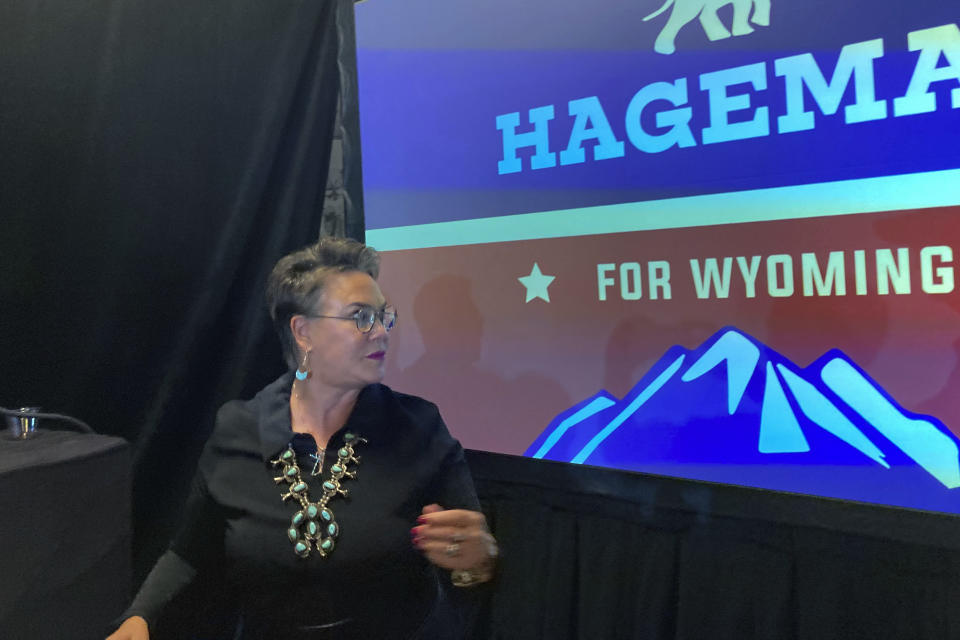 Republican House candidate Harriet Hageman finishes speaking to supporters Tuesday, Aug. 16, 2022, in Cheyenne, Wyo., after defeating Rep. Liz Cheney, R-Wyo., in the Republican primary. (AP Photo/Mead Gruver)