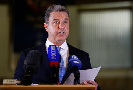 Serge Brammertz, the Chief Prosecutor of the International Criminal Tribunal for the former Yugoslavia (ICTY) talks to reporters after the trial of ex-Bosnian Serb wartime general Ratko Mladic in the Hague, Netherlands, November 22, 2017. REUTERS/Michael Kooren