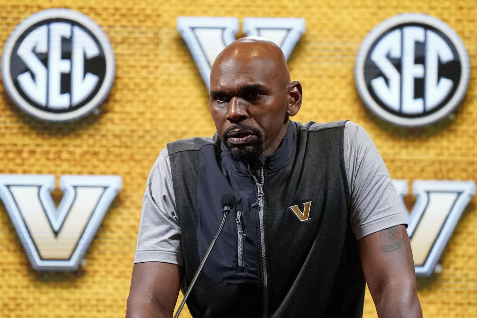 Vanderbilt NCAA college basketball head coach Jerry Stackhouse speaks during Southeastern Conference Media Days, Wednesday, Oct. 18, 2023, in Birmingham, Ala. (AP Photo/Mike Stewart)