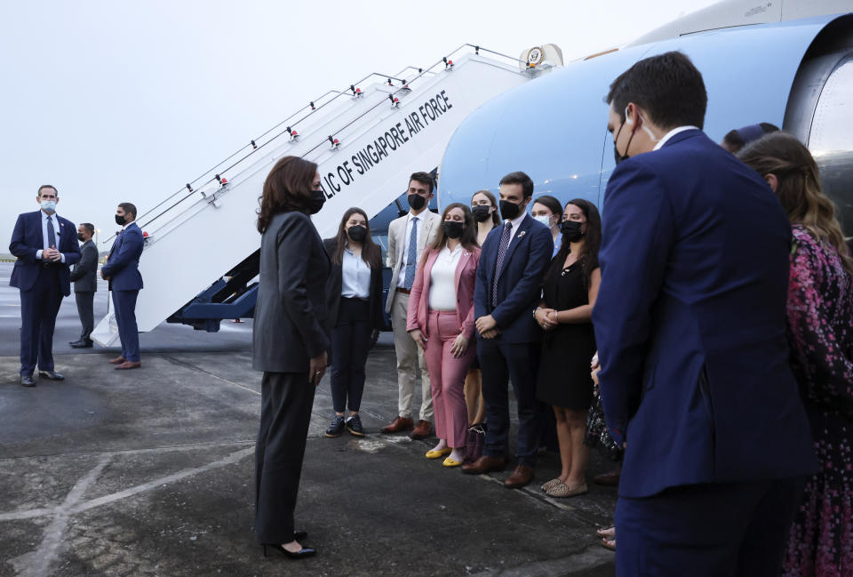 U.S. Vice President Kamala Harris departs Singapore for Vietnam, Tuesday, Aug. 24, 2021. (Evelyn Hockstein/Pool Photo via AP)