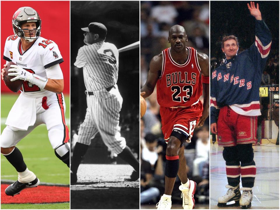 Tom Brady, Babe Ruth, Michael Jordan and Wayne Gretzky (Getty)