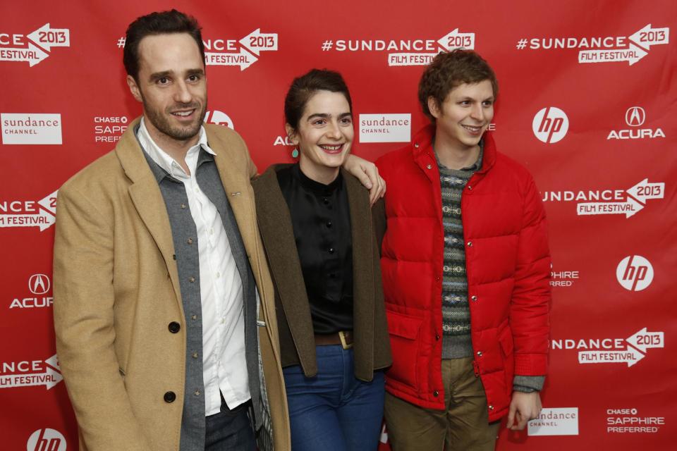 Director Sebastian Silva, left, actress Gaby Hoffmann, center, and actor Michael Cera, right, pose at the premiere of "Crystal Fairy" during the 2013 Sundance Film Festival on Thursday, Jan. 17, 2013 in Park City, Utah. (Photo by Danny Moloshok/Invision/AP)