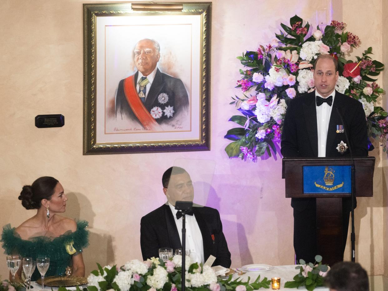 Prince William, Duke of Cambridge speaks at a dinner in Kingston, Jamaica.