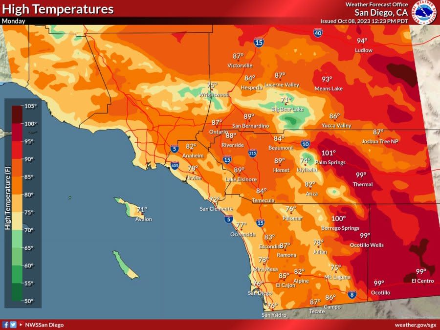 High temperatures on Monday. (Courtesy of National Weather Service)