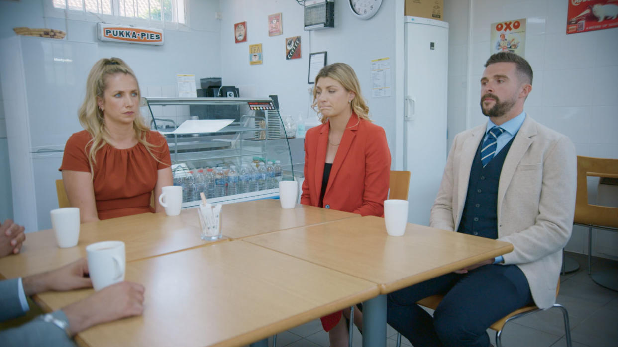 The Apprentice candidates nurse mugs of tea at the losers cafe before the boardroom. (BBC)