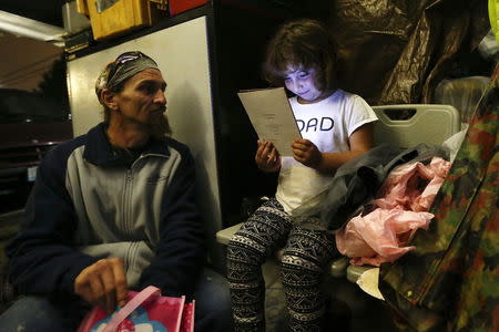 Emma Savage, 6, opens a birthday card given to her by her dad Robert Rowe, 42, a day labourer who had just returned from a 12-hour working day to SHARE/WHEEL Tent City 3 outside Seattle, Washington October 12, 2015. REUTERS/Shannon Stapleton