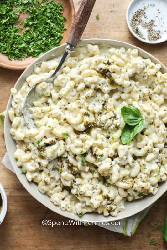 <p>Spend With Pennies</p><p>A grown-up version of this childhood classic.</p><p><strong>Get the recipe:<a href="https://www.spendwithpennies.com/pesto-mac-and-cheese/" rel="nofollow noopener" target="_blank" data-ylk="slk:Pesto Mac and Cheese;elm:context_link;itc:0;sec:content-canvas" class="link rapid-noclick-resp"> Pesto Mac and Cheese</a></strong></p>