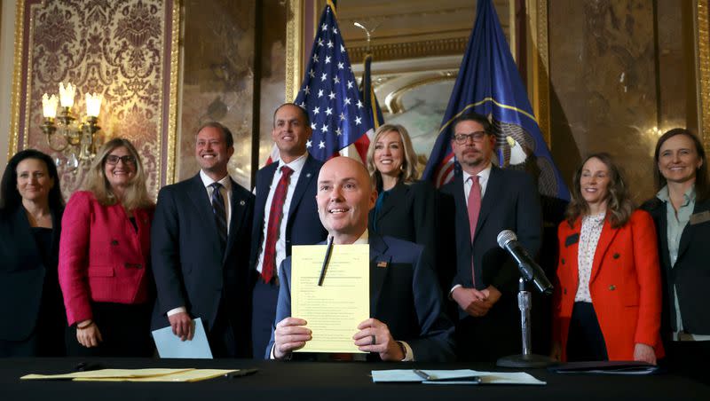 Gov. Spencer Cox poses for a photo after signing SB152, Social Media Regulation Amendments, at the Capitol in Salt Lake City on Thursday, March 23, 2023.