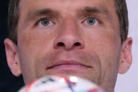 Germany's Thomas Mueller attends a news conference at the Al-Shamal stadium on the eve of the group E World Cup soccer match between Germany and Costa Rica, in Al-Ruwais, Qatar, Tuesday, Nov. 29, 2022. Germany will play the third match against Costa Rica on Thursday, Dec. 1. (AP Photo/Matthias Schrader)