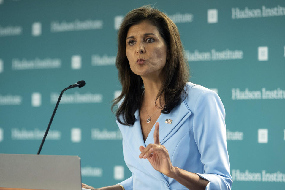 Former U.N. Ambassador Nikki Haley speaks at the Hudson Institute in Washington, Wednesday, May 22, 2024. Haley says she will be voting for Donald Trump in the general election, encouraging the presumptive GOP nominee to work hard to win support from those who backed her in the primary. (AP Photo/Cliff Owen)