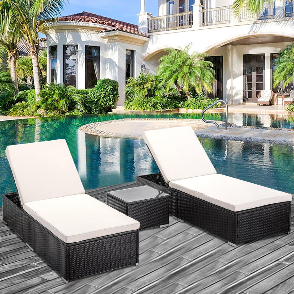 <p><a href="https://go.redirectingat.com?id=74968X1596630&url=https%3A%2F%2Fwww.walmart.com%2Fip%2FSEGMART-3-Pieces-Outdoor-Rattan-Wicker-Lounge-Chairs-Set-Adjustable-Reclining-Backrest-Lounger-Table-Modern-Chaise-Table-Cushions-Pool-Yard-Deck-Beig%2F197198724&sref=https%3A%2F%2Fwww.thepioneerwoman.com%2Fhome-lifestyle%2Fg43879997%2Fpool-lounge-chairs%2F" rel="nofollow noopener" target="_blank" data-ylk="slk:Shop Now;elm:context_link;itc:0;sec:content-canvas" class="link ">Shop Now</a></p><p>Rattan Wicker Lounge Chairs Set </p><p>$309.99</p><p>walmart.com</p><span class="copyright">Walmart</span>