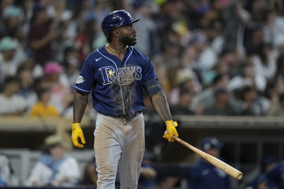 Tampa Bay Rays' Randy Arozarena watches his three-run home run during the fifth inning of a baseball game against the San Diego Padres, Friday, June 16, 2023, in San Diego. (AP Photo/Gregory Bull)