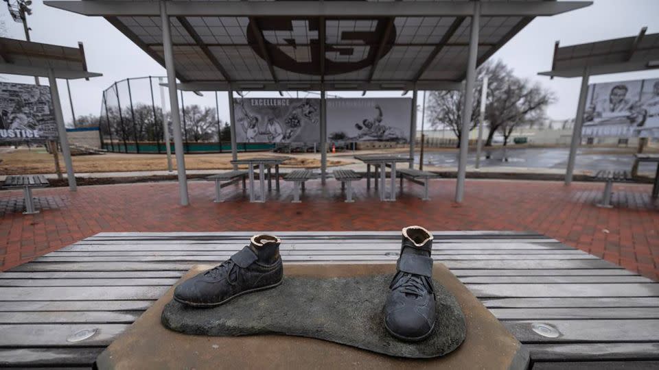 The feet from the Jackie Robinson statue, seen here on January 26, were left behind. - Travis Heying/TNS/Zuma Press