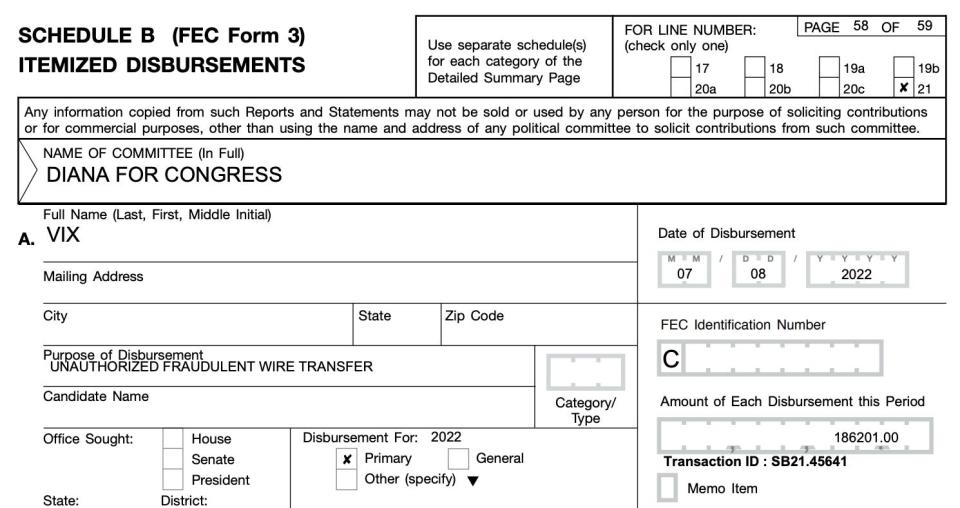 Rep. Diana Harshbarger campaign finance document