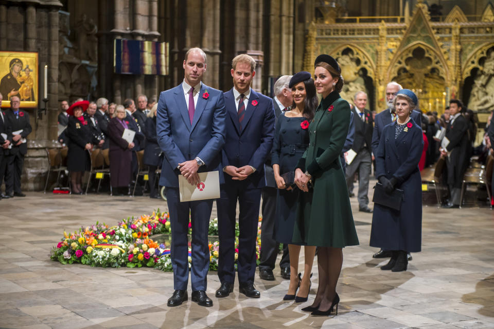 The royal fab four - Prince William, Prince Harry, Meghan Markle and Kate Middleton - recently attended a service marking the centenary of WW1 armistice at Westminster Abbey. Photo: Getty Royal fab four reunite for Remembrance Day service: Prince William, Kate Middleton, Prince Harry, Meghan Markle 