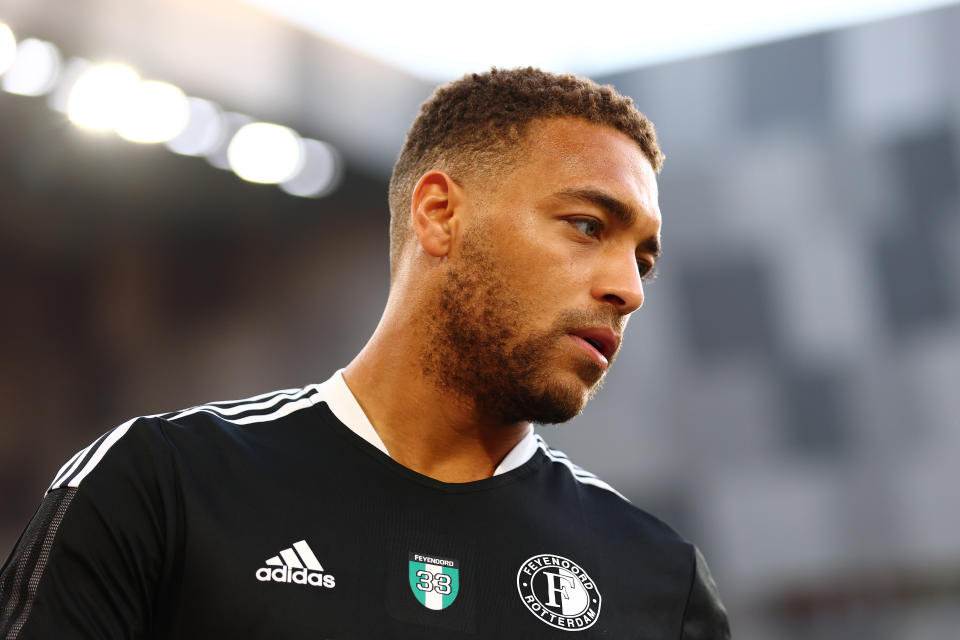 TIRANA, ALBANIA - MAY 24: Cyriel Dessers of Feyenoord looks on during a training session at Arena Kombetare on May 24, 2022 in Tirana, Albania. AS Roma will face Feyenoord in the UEFA Conference League final on May 25, 2022. (Photo by Alex Pantling/Getty Images)