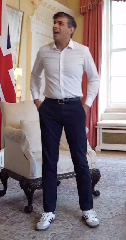 Rishi Sunak wearing Adidas Sambas during a Downing Street interview